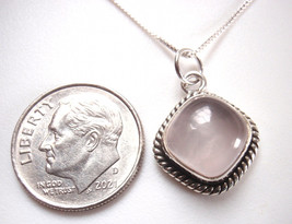 Rose Quartz with Soft Corners &amp; Rope Style Accents 925 Sterling Silver Necklace - £15.56 GBP