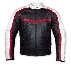Men Black White Motor Biker Red Strip Genuine Cowhide Leather Safety Pads Jacket - £123.87 GBP