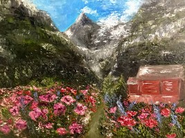 Floral landscape oil painting original, swiss alps and flowers impasto p... - £159.50 GBP