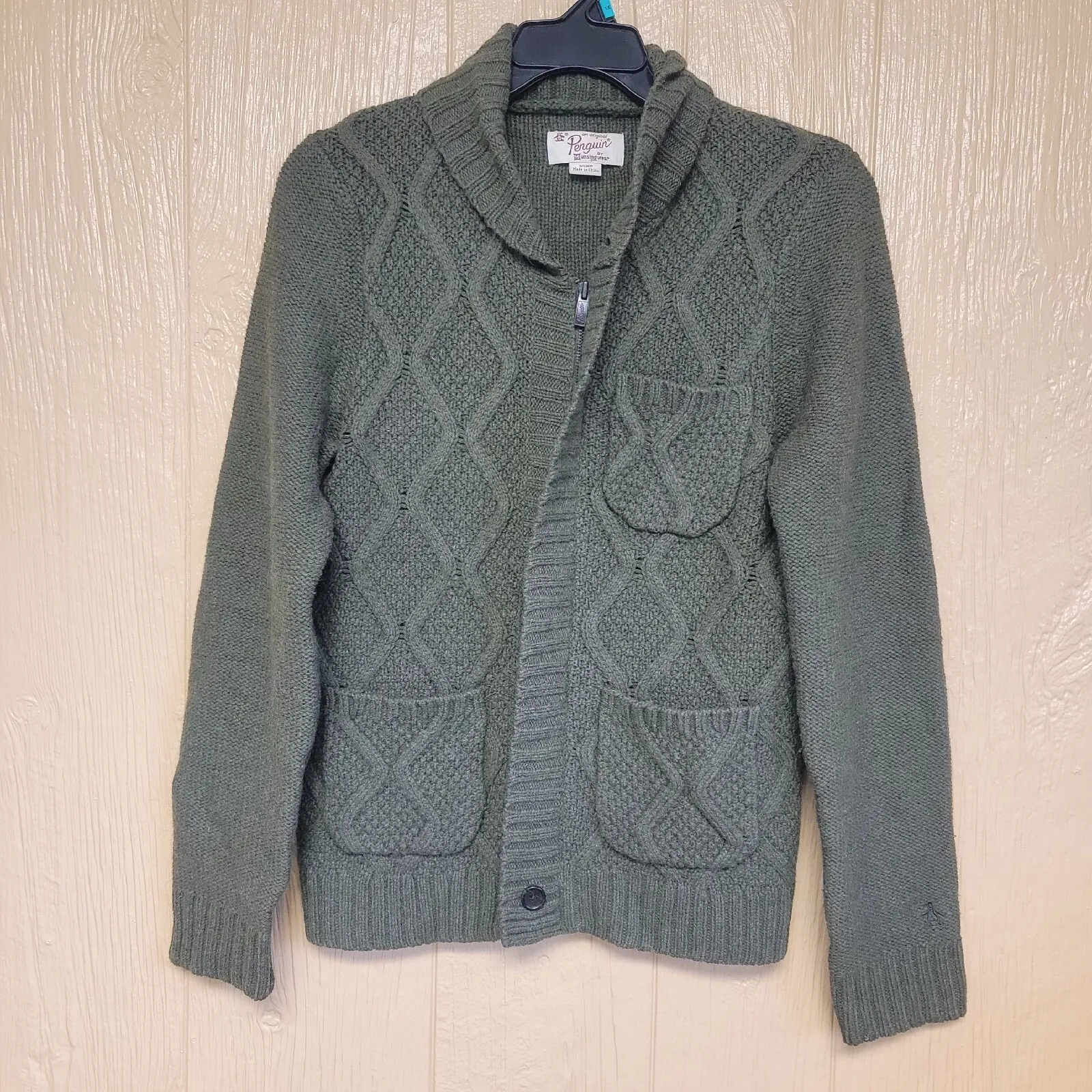 Pengiun by Munsingwear Knit Sweater Green Zip Front Pockets sz Small 100... - £22.70 GBP
