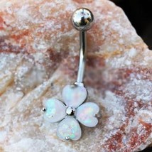 316L Stainless Steel White Synthetic Opal Clover Navel Ring - $13.95