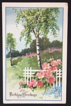 Antique Happy Birthday Greetings Embossed Card Flower Garden B 68 1/2 1914 - £7.81 GBP