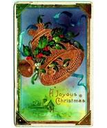 Shiny Gold Bell Holly Ribbon A Joyous Christmas 1913 DB Postcard I7 - £5.00 GBP