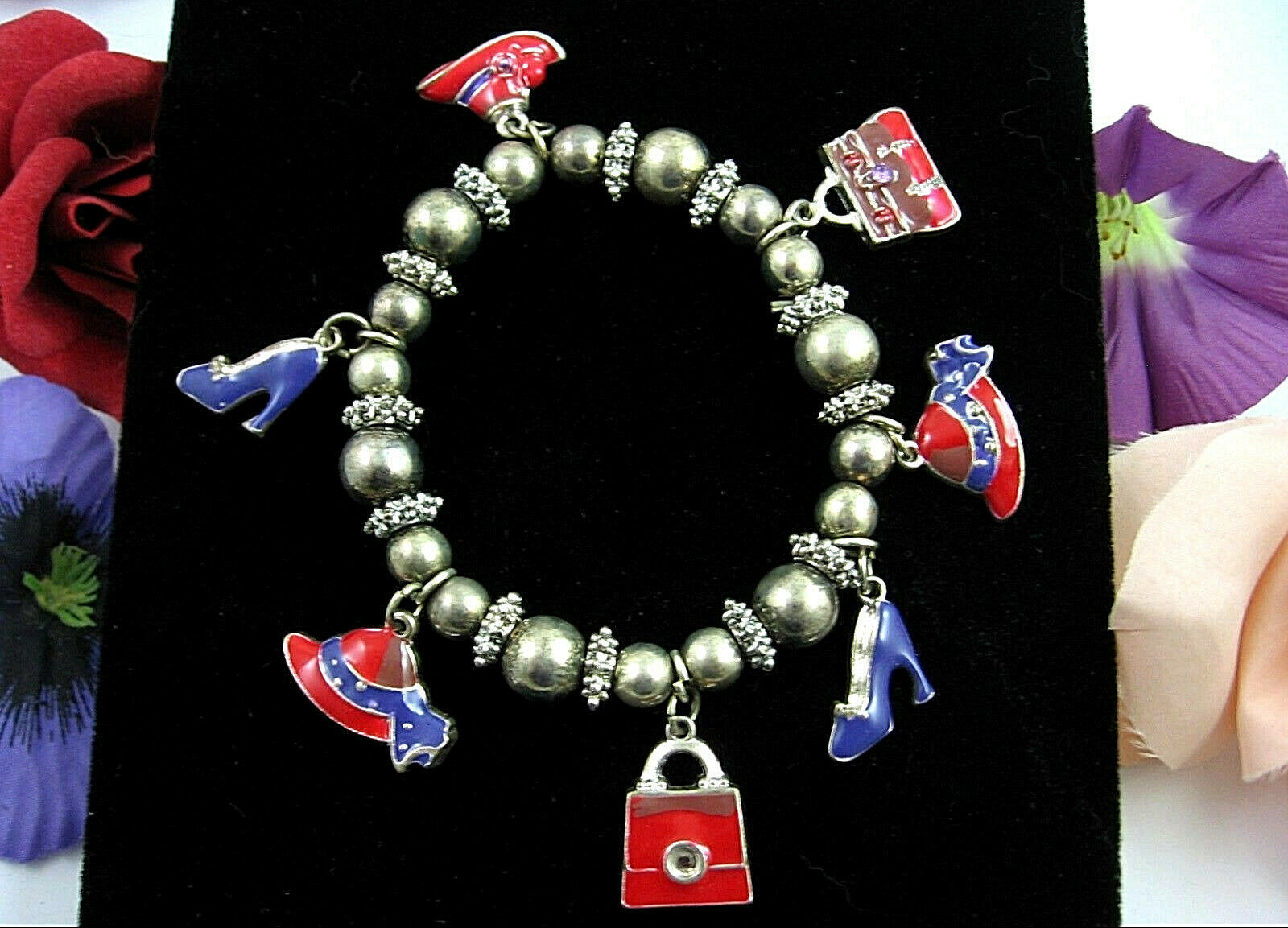 Primary image for RED Hats PURPLE Shoes CHARM BRACELET Vintage Beaded  Silvertone Elastic Stretch