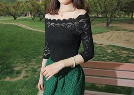 Black Off-Shoulder Lace Tops Women Custom Cap Sleeve Lace Shirt Outfit image 5