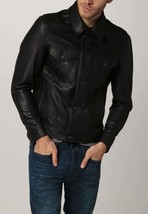 Black Trucker Jacket Men Lambskin Leather Jacket Size S M L XL XXL Custom Made - £107.40 GBP