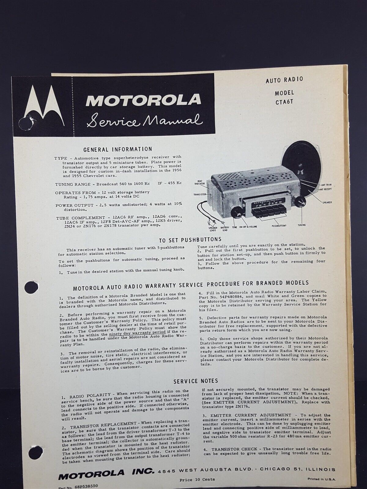 Primary image for Motorola 1955, 1956 Chevrolet Auto Radio Service Manual Model CTA6T