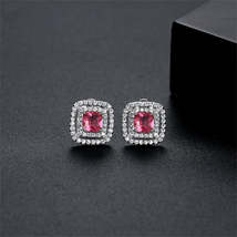Red Crystal &amp; Cubic Zirconia Silver-Plated Halo Square Stud Earrings - £11.70 GBP