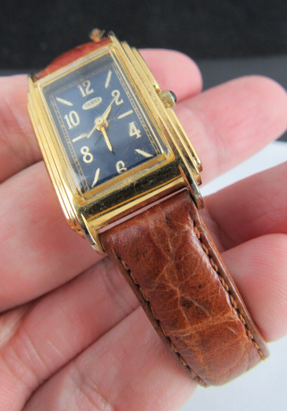 Primary image for 1993 GUESS WATCH ladies GENUINE LEATHER blue face gold tone WORKS!