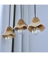 Set of 3 Almond Wood Pendant Lights, Handmade Wavy Edge Chandelier - $135.00