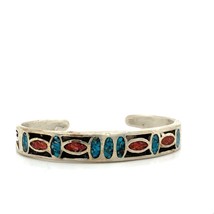 Vintage Sterling Native American Zuni Inlaid Multi Stone Cuff Bracelet sz 5 3/4 - £74.76 GBP