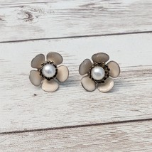 Vintage Stud Earrings For Pierced Ears Cream Enamel Flower with Faux Pearl 3D - £11.56 GBP