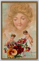 Cherub &amp; Beautiful Woman&#39;s Face Clouds Fantasy Series 57 Emb #5 Postcard O30 - £11.76 GBP