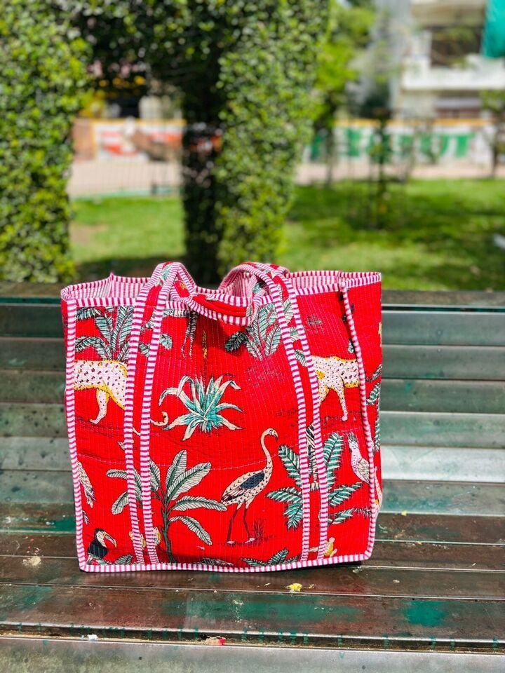 Women Block Printed Cotton Quilted Tote Handbag Indian Shoulder Bags Throw