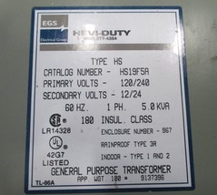 Hevi-Duty HS19F5A General Purpose Transformer 1-Phase - $268.00