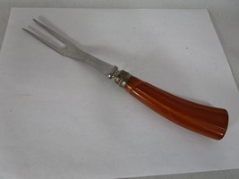 Vintage Bakelite Butterscotch Meat Serving Fork 10.25&quot; Stainless - £15.57 GBP