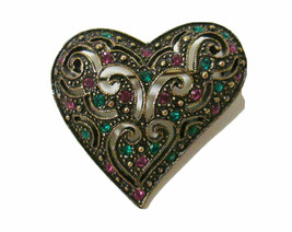 Lace Filigree Heart Brooch Pin Green &amp; Pink Rhinestones Bronze Tone - £9.96 GBP