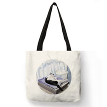 Cute Cat Fish Print Women  Shopping Bag Cloth Shoulder Bag Environmental Storage - £13.62 GBP