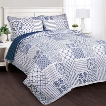 Lush Decor Monique 3 Piece Reversible Print Pattern Blue Quilt Set - Full Queen - £69.98 GBP