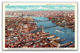 East River Bridges Aerial View New York City NY UNP Linen Postcard N23 - $3.91