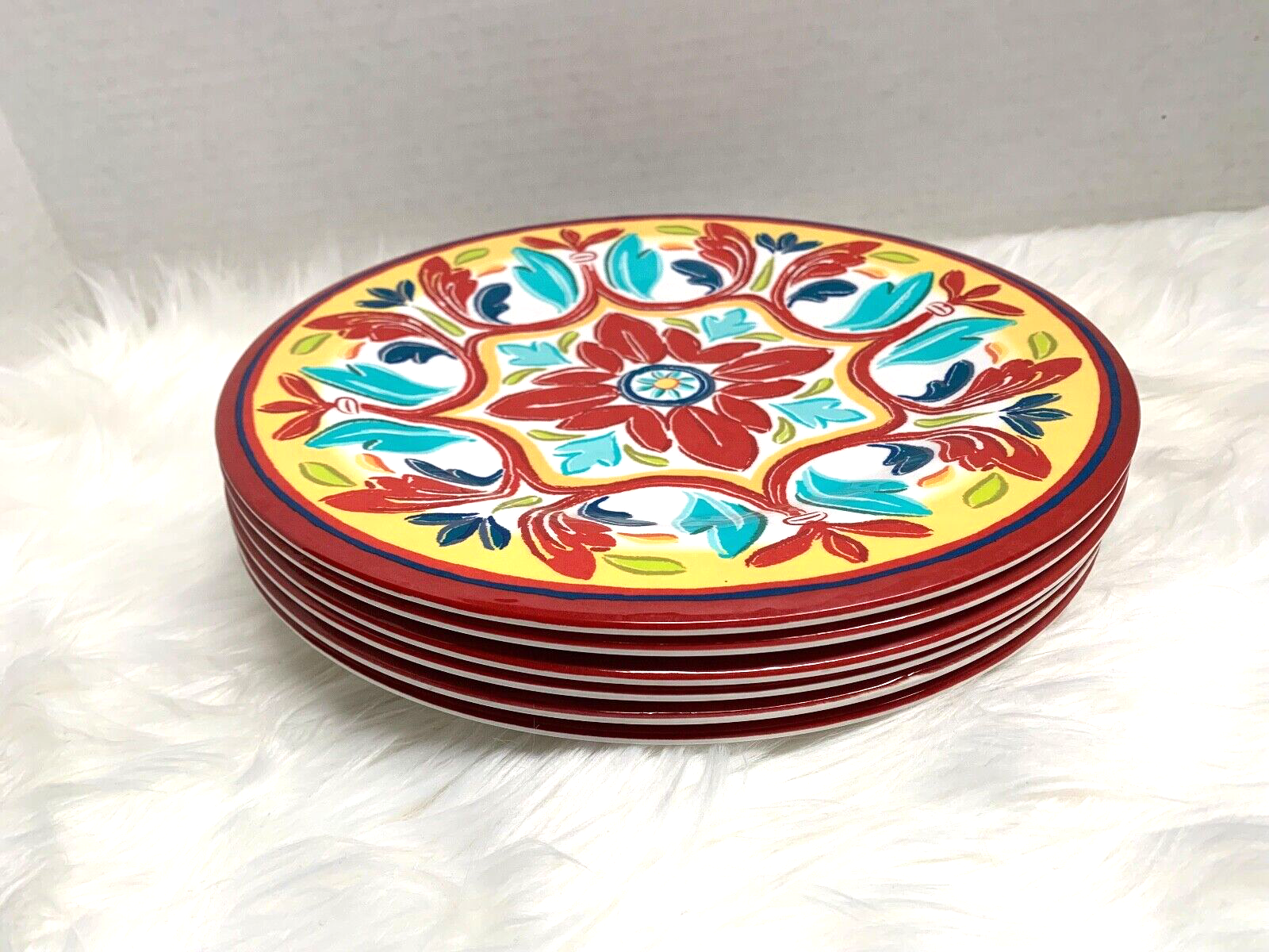 Primary image for Bobby Flay Lot of 6 Hard Plastic Melamine Dinner Plates Floral Red Turquoise