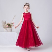 Kids Long Formal Princess Dress Pageant Gowns Burgundy Elegant Lace Flower Girl  - £133.06 GBP
