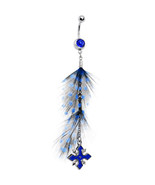 Polka Dot Feathers and Blue Cross Dangle Drop Design Navel Ring - $21.95