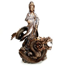 Kwan Yin On Dragon Statue 12.5&quot; Quan Yin Guan Buddha Goddess Mercy Bronze Resin - £106.25 GBP