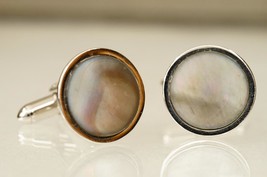 Vintage Swank Mens Jewelry Cuff Links Silver Tone Abalone Round Face 15MM - $19.79