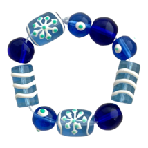 10 Christmas Lampwork Beads Hand Painted Glass Blue Cobalt White Snowfla... - $9.49