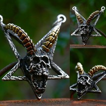 Men&#39;s Baphomet Satanic Goat Horns Skull Pendant Necklace Punk Jewelry Chain 24&quot; - £13.99 GBP