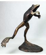 12&quot; Brass Leaping Frog Statue Figure Art One Foot on Lily Pad Amphibian - $308.27 CAD