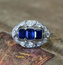 2Ct Emerlad Cut Blue Sapphire Unique Vintage Wedding Ring 14K White Gold Finish - £125.86 GBP