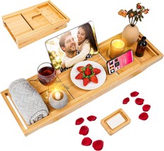 Foldable Bathtub Caddy Tray, Bamboo Bath Tub Tray Table For Tub With Wine, Beige - £36.96 GBP