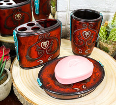 Western Cowgirl Red Love Heart Scrollwork Cup Soap Dish Toothbrush Holder Set - £30.01 GBP