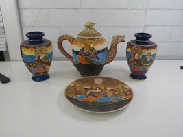 Antique Satsuma Moriage Japanese Dragon Tea Pot Vases and Plate - $100.00