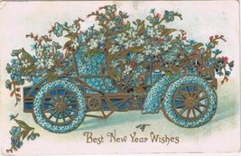 Holiday Embossed Postcard Car &amp; Forget Me Nots Best New Years Wishes - £1.74 GBP