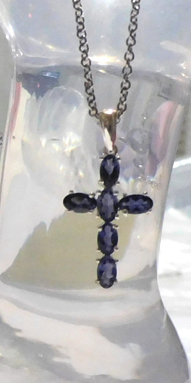 Purple Iolite Oval Cross Pendant & 18"L Chain, Platinum / 925 Silver, 1.75(TCW) - £24.08 GBP