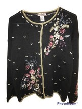 Tiara Vintage Floral Embroidered Button Down Sweater Size Large Black Pi... - £23.64 GBP