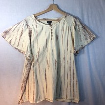 Lane Bryant Sz 22/24 Pale Yellow w Brown Tye Dye Knit Shirt Eyelet Sleeve Cotton - £15.78 GBP