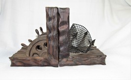 Vintage Wood Nautical Bookends Mid Century 70s Ship Captain Steering Wheel - £45.00 GBP