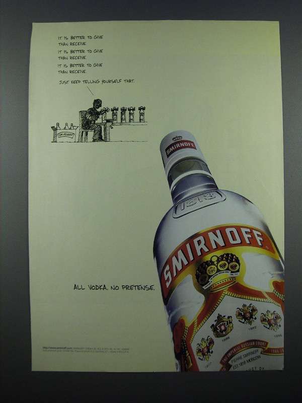1998 Smirnoff Vodka Ad - All Vodka No Pretense - £14.53 GBP
