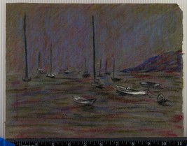 Vintage Pastel Drawing on Paper Seascape Boats on Water 1952 Signed tob - £81.73 GBP
