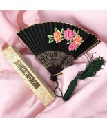 Vintage Caron Perfume Folding Fan Original Box Black Floral Green Tassel... - $83.05 CAD