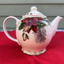 Holiday Wishes teapot by 222 Fifth,  fine china with poinsettia &amp; pineco... - $453.83 MXN