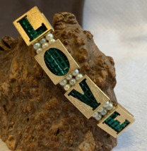 Vtg 14K Yellow Gold Bracelet 33.64g Fine Jewelry 8&quot; Pearl &amp; Emerald Color Stones - £1,598.67 GBP