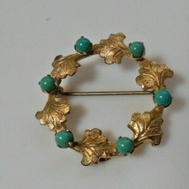 Vintage Stamped 1/20 12K GF - HG Turquoise / Leaves Brooch - £35.72 GBP