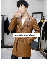 Men Halloween Stylish Formal  Trench Coat Tan Casual Genuine Leather Lam... - £120.82 GBP