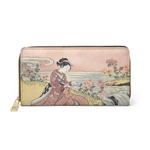 Japanese Woman Picking Chrysanthemums Zipper Wallet Art Faux Leather - $29.95