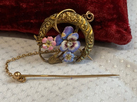 Antique 22K &amp; 14K Gold Brooch 6.05g Fine Jewelry Enamel Pansy Flowers Pin - £756.35 GBP